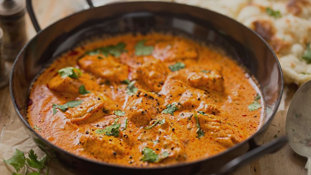 indian curry, chicken curry, vibrant, naan bread